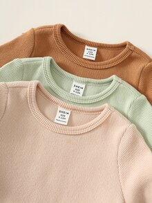 SHEIN 3件組男嬰純色針織柔軟圓領長袖連身衣，百搭舒適返校服，秋冬款 - 彩色 - 查看 4