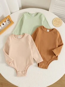 SHEIN 3件組男嬰純色針織柔軟圓領長袖連身衣，百搭舒適返校服，秋冬款 - 彩色 - 查看 3