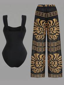 Swim Oasis Women's Summer 2-Piece Swimsuit Set With Ruched One-Piece Top, Shell Trim, Random Print Long Pants, Beach Vacation - Multicolor - View 4