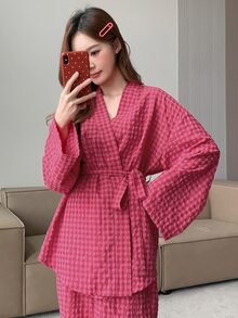DAZY 女士格子系腰带长袖睡衣套装（含长款睡裤）秋冬秋季服装 - 粉色 - 查看 5
