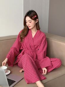 DAZY 女士格子系腰带长袖睡衣套装（含长款睡裤）秋冬秋季服装 - 粉色 - 查看 8