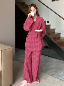 DAZY 女士格子系腰带长袖睡衣套装（含长款睡裤）秋冬秋季服装 - 粉色 - 查看 6