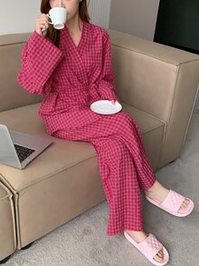 DAZY 女士格子系腰带长袖睡衣套装（含长款睡裤）秋冬秋季服装 - 粉色 - 查看 4