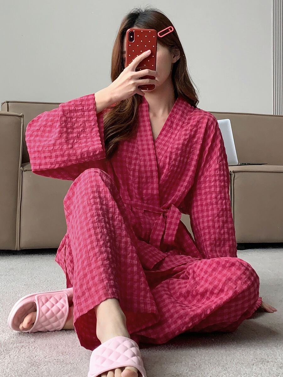 DAZY 女士格子系腰带长袖睡衣套装(含长款睡裤)秋冬秋季服装 - 粉色 - 查看 1