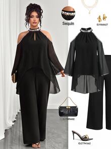 Elenzga Plus Cold Shoulder Chiffon Top & Wide Leg Pants Fall - Black - View 2