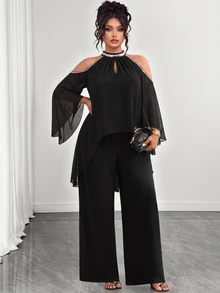 Elenzga Plus Cold Shoulder Chiffon Top & Wide Leg Pants Fall - Black - View 5