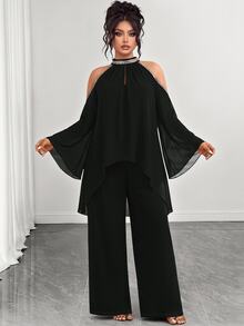 Elenzga Plus Cold Shoulder Chiffon Top & Wide Leg Pants Fall - Black - View 7