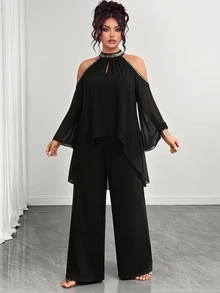 Elenzga Plus Cold Shoulder Chiffon Top & Wide Leg Pants Fall - Black - View 6