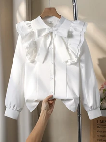 SHEIN 少女優雅學院風休閒白色刺繡花卉領口袖口長袖前開扣公主風襯衫，返校季、秋季、教師節適用 - 白色 - 查看 9