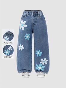 Young Girl Fashion Blue Distressed Embroidered Flare Jeans Summer Autumn Fall - Blue - View 8