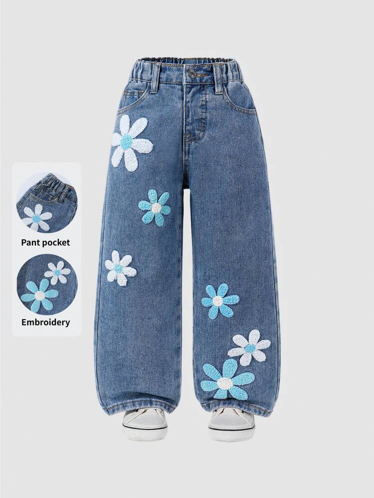 Jeans acampanados con bordado y efecto desgastado en azul para niña joven, moda de verano, otoño y caída - Azul - Añade 8