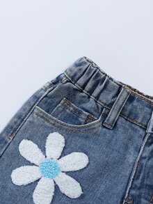 Young Girl Fashion Blue Distressed Embroidered Flare Jeans Summer Autumn Fall - Blue - View 7