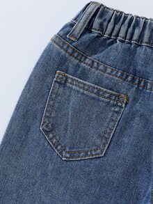 Young Girl Fashion Blue Distressed Embroidered Flare Jeans Summer Autumn Fall - Blue - View 5