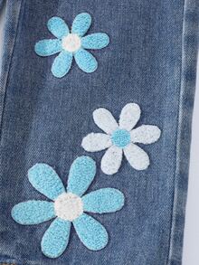 Young Girl Fashion Blue Distressed Embroidered Flare Jeans Summer Autumn Fall - Blue - View 6