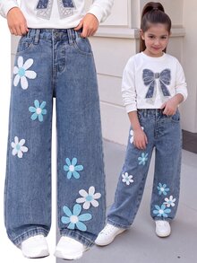 Young Girl Fashion Blue Distressed Embroidered Flare Jeans Summer Autumn Fall - Blue - View 9