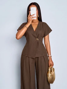 SOLERSUN Setelan Kopi Elegan untuk Wanita, Atasan Lengan Pendek Leher V Model Lilit & Celana Panjang Kaki Lebar Pinggang Tinggi untuk Aktivitas Sehari-hari, Kerja, dan Musim Gugur. - Coffee Brown - View 5