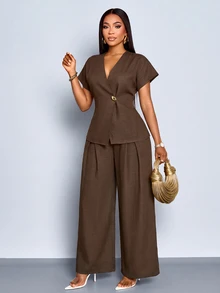 SOLERSUN Setelan Kopi Elegan untuk Wanita, Atasan Lengan Pendek Leher V Model Lilit & Celana Panjang Kaki Lebar Pinggang Tinggi untuk Aktivitas Sehari-hari, Kerja, dan Musim Gugur. - Coffee Brown - View 6