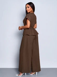 SOLERSUN Setelan Kopi Elegan untuk Wanita, Atasan Lengan Pendek Leher V Model Lilit & Celana Panjang Kaki Lebar Pinggang Tinggi untuk Aktivitas Sehari-hari, Kerja, dan Musim Gugur. - Coffee Brown - View 2