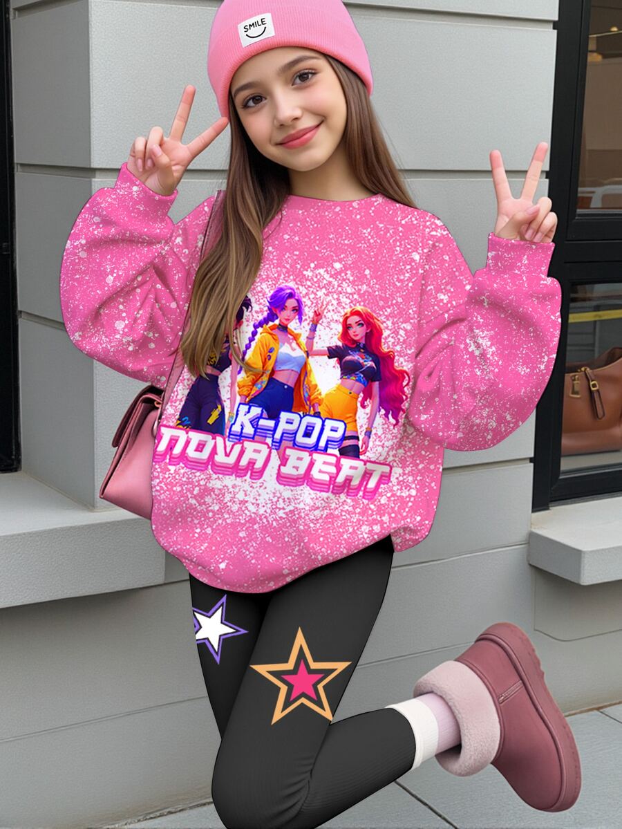 青少年女孩休閒可愛卡通女團印花圓領長袖衛衣與內搭褲2件套 - 彩色 - 查看 1