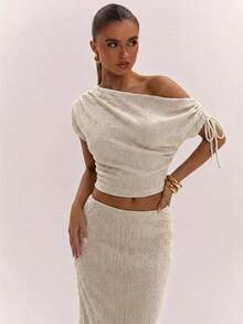 SHEIN BAE طقم نسائي كاجوال من قطعتين بلون موحد، ملابس علوية بياقة غير متماثلة وتنورة - لون مشمشي - مشاهدة 4