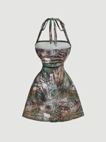 SHEIN MOD 巴洛克藝術印花掛脖迷你洋裝，復古 A 字溜冰裙，抓皺上身，優雅花園派對與晚裝全印花款 - 墨綠色 - 查看 4