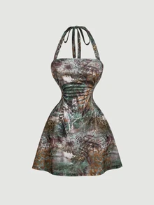 SHEIN MOD 巴洛克藝術印花掛脖迷你洋裝，復古 A 字溜冰裙，抓皺上身，優雅花園派對與晚裝全印花款 - 墨綠色 - 查看 3