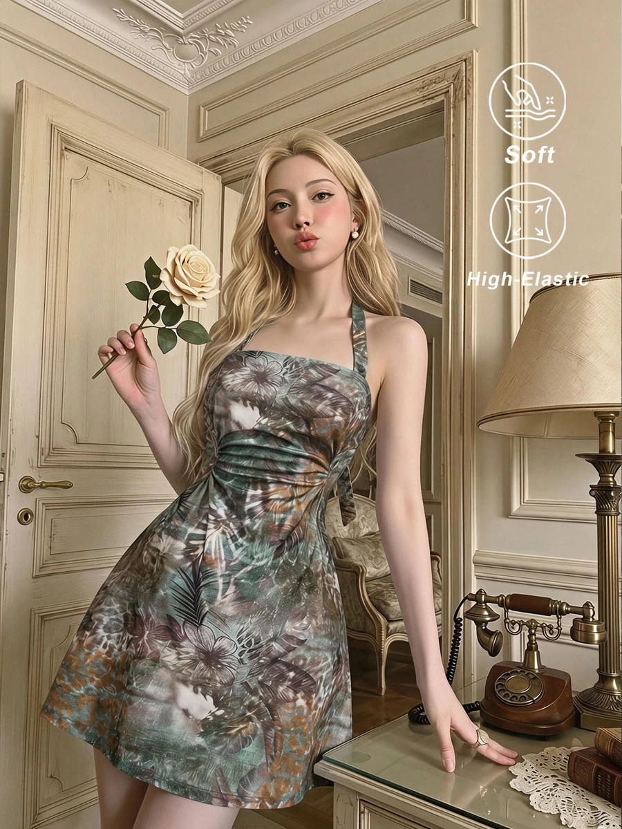 SHEIN MOD 巴洛克藝術印花掛脖迷你洋裝,復古 A 字溜冰裙,抓皺上身,優雅花園派對與晚裝全印花款 - 墨綠色 - 查看 1