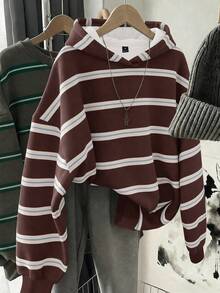 SHEIN EZwear 韓式時尚百搭彩色條紋圖案運動衫，適合外穿、攝影、露營、秋冬、返校，女款標準圓領 - 彩色 - 查看 1
