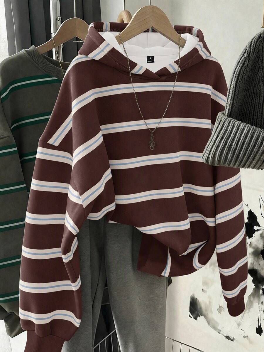 SHEIN EZwear 韓式時尚百搭彩色條紋圖案運動衫,適合外穿、攝影、露營、秋冬、返校,女款標準圓領 - 彩色 - 查看 1