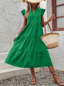 Balvessa Notched Neckline Ruffle Trim Smock Dress Maxi Vacation Beach Outfits Women - Green - View 4