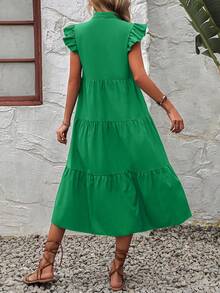 Balvessa Notched Neckline Ruffle Trim Smock Dress Maxi Vacation Beach Outfits Women - Green - View 2