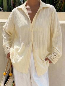 Livesso Cream Yellow Loose Casual Women Shirt, Summer New Arrival Long Sleeve Vacation - Apricot - View 7