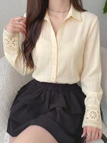Livesso Cream Yellow Loose Casual Women Shirt, Summer New Arrival Long Sleeve Vacation - Apricot - View 6