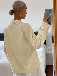 Livesso Cream Yellow Loose Casual Women Shirt, Summer New Arrival Long Sleeve Vacation - Apricot - View 4