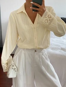 Livesso Cream Yellow Loose Casual Women Shirt, Summer New Arrival Long Sleeve Vacation - Apricot - View 1