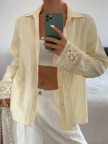 Livesso Cream Yellow Loose Casual Women Shirt, Summer New Arrival Long Sleeve Vacation - Apricot - View 2