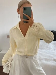 Livesso Cream Yellow Loose Casual Women Shirt, Summer New Arrival Long Sleeve Vacation - Apricot - View 3