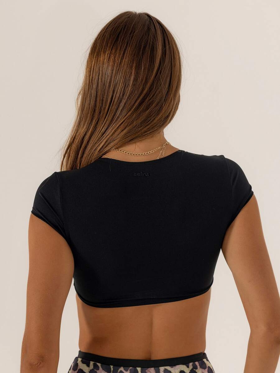 Aralina Sexy Solid Color Twist Front Deep V-Neck Ultra Short Sports T-Shirt - Black - View 1