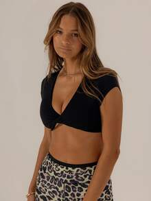 Aralina Sexy Solid Color Twist Front Deep V-Neck Ultra Short Sports T-Shirt - Black - View 3