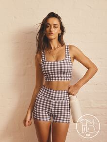 Aralina Leisurewear Active Women's 2pcs Gingham Plad Printed Tank And Short Gym Workout Two Pieces Set - Brown - View 1