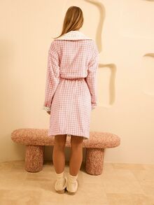 Aralina 女士双面格子碎花蓬松舒适睡袍，秋冬款 - 粉色 - 查看 2