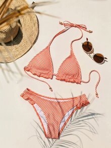 Aralina 夏季度假海滩西部格子荷叶边三角比基尼套装，附赠泳包 - 橘色 - 查看 6