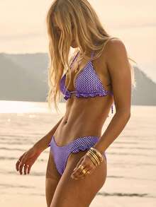 Aralina Summer Resort Vacation Beach Western Gingham Ruffle Triangle Bikini Set With Swim Bag - Mauve Purple - View 6