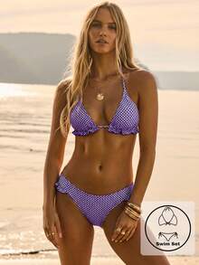 Aralina Summer Resort Vacation Beach Western Gingham Ruffle Triangle Bikini Set With Swim Bag - Mauve Purple - View 1