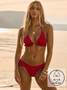 Aralina Summer Resort Vacation Beach Western Gingham Ruffle Triangle Bikini Set With Swim Bag - Red - View 5