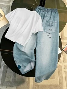 SHEIN 青少年（女）T卹套裝 - 藍白色 - 查看 2