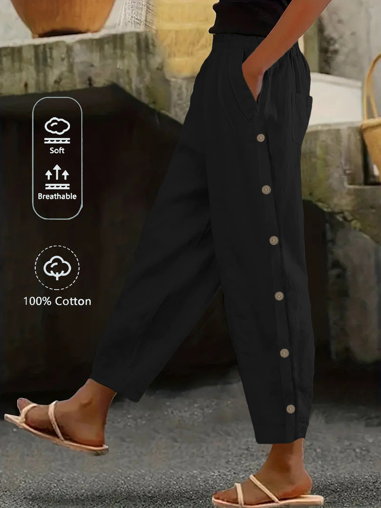 EMERY ROSE Pantalones cónicos casuales para mujeres de unicolor con botones laterales para vacaciones - Negro - Añade 3