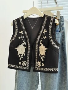 Franclia Women's Vintage Style Embroidered Sleeveless Jacket Spring Boho - Black - View 4