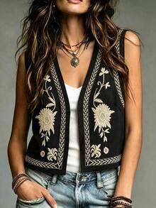 Franclia Women's Vintage Style Embroidered Sleeveless Jacket Spring Boho - Black - View 5