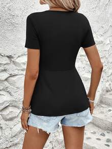 EMERY ROSE Kaos Wanita Lengan Pendek Leher V dengan Detail Kerut di Bagian Depan, Kaos Musim Panas - Hitam - View 2